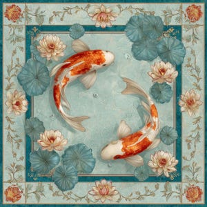 May include: Square decorative scarf featuring two koi carp with orange and white markings, surrounded by lotus flowers and lily pads. The scarf has a teal border with floral and leaf patterns, creating a serene aquatic scene.