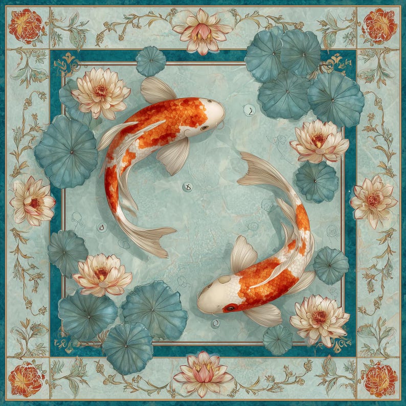 May include: Square decorative scarf featuring two koi carp with orange and white markings, surrounded by lotus flowers and lily pads. The scarf has a teal border with floral and leaf patterns, creating a serene aquatic scene.