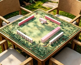 Bamboo Mahjong Mat, Green Botanical Mahjong Table Mat, Bird Floral Game Playmat, Non Slip Mahjong Mat, Elegant Nature Board Game Gift