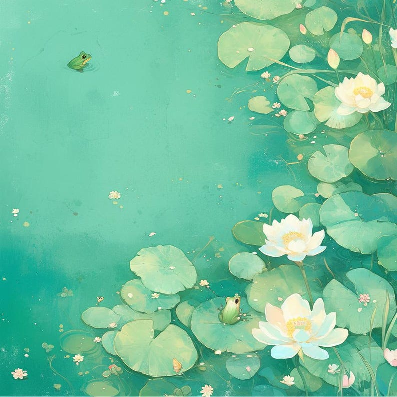 Puede incluir: Ilustraci&oacute;n en acuarela de una escena de estanque con nen&uacute;fares, flores de loto blancas y peque&ntilde;as ranas verdes. El agua es de color verde azulado claro, creando un ambiente suave y sereno.