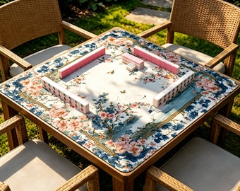 Floral Bird Mahjong Mat, Blue Pink Chinoiserie Table Mat, Non Slip Oriental Garden Game Mat