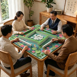 May include: A group of four people playing mahjong around a wooden table. The table has a green surface with a floral and koi fish design. Green and white mahjong tiles are arranged on the table. The players are seated in wooden chairs.