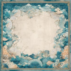 May include: Square decorative art print featuring an ocean-themed design. The artwork showcases a central beige area surrounded by stylized waves, seashells, and coral in shades of teal, blue, and beige. A gold border frames the print.