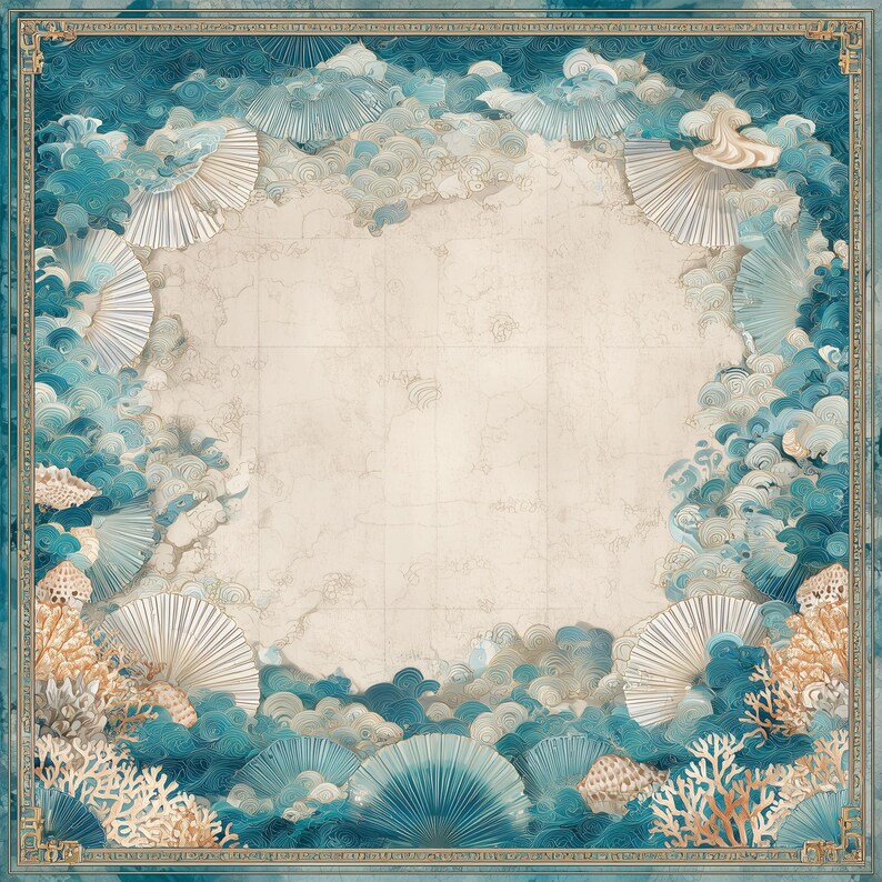 May include: Square decorative art print featuring an ocean-themed design. The artwork showcases a central beige area surrounded by stylized waves, seashells, and coral in shades of teal, blue, and beige. A gold border frames the print.