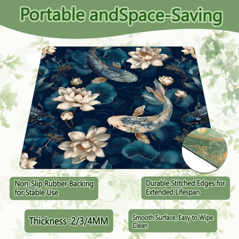 May include: A rectangular mat with a dark blue design of koi carp and lotus flowers. The mat has a non-slip rubber backing and stitched edges. The text "Portable and Space-Saving" is at the top. The thickness is 2/3/4MM.