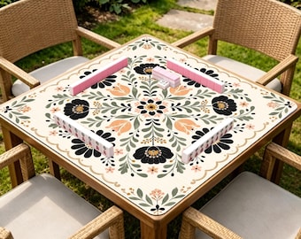 Tapete de Mahjong Floral Preto, Tapete de Mesa Botânico de Arte Popular, Tapete Antiderrapante para Jogos de Mahjong em Estilo Cottagecore