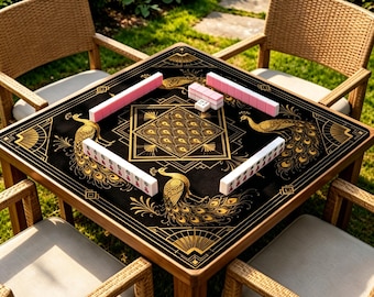 Tapete de Mahjong con diseño de pavo real, tapete de mesa Art Déco negro y dorado, tapete de juego de lujo antideslizante para Mahjong.
