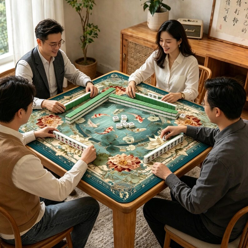 K&ouml;nnte beinhalten: Vier Personen spielen Mahjong an einem Holztisch. Der quadratische Tisch hat eine t&uuml;rkisfarbene, florale Oberfl&auml;che mit Koi-Karpfen. Gr&uuml;ne und wei&szlig;e Mahjong-Steine sind angeordnet. Die Spieler sitzen auf Holzst&uuml;hlen.