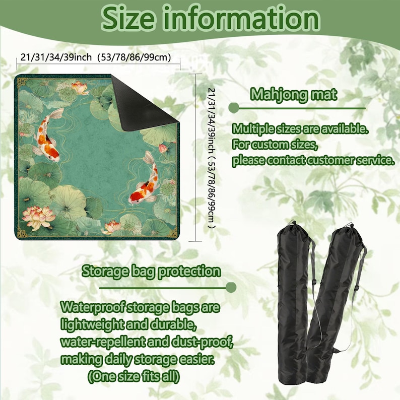 May include: A green mahjong mat with koi fish and lotus flowers, available in multiple sizes, including 21, 31, 34, and 39 inches. Includes black storage bags. The mat has a waterproof, dust-proof design.