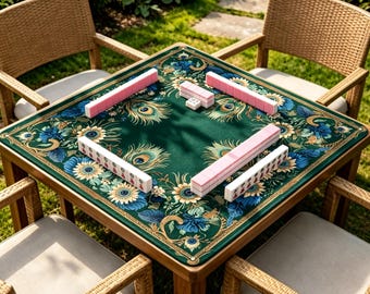 Peacock Feather Mahjong Mat, Dark Green Floral Game Mat, Vintage Botanical Non-Slip Table Cover, Elegant Board Game Gift