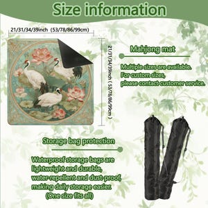 May include: A square mahjong mat featuring a circular illustration of white cranes and pink lotus flowers. The mat is available in sizes 21, 31, 34, and 39 inches. It includes a black waterproof storage bag for protection and portability.