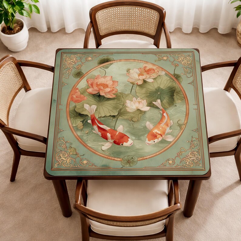May include: A square table mat featuring a central circular illustration of two koi fish swimming among pink lotus flowers and green lily pads. The mat has a sage green background with ornate gold-toned filigree patterns in the corners.