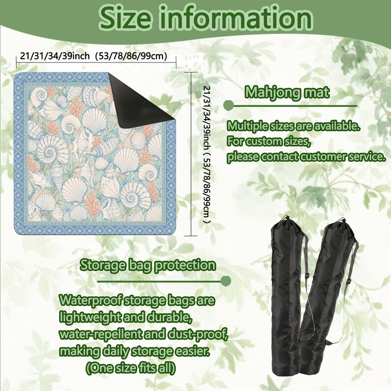 May include: A square mahjong mat featuring a blue and white seashell pattern with a black underside, available in sizes 21, 31, 34, and 39 inches. Includes two black cylindrical storage bags for protection, which are lightweight, water-repellent, and dust-proof.