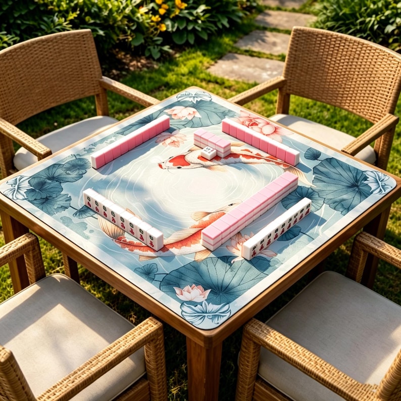 May include: A square wooden mahjong table with a decorative top featuring koi fish and lotus flowers. Pink and white mahjong tiles are arranged on the table, surrounded by four wicker chairs with beige cushions. The scene is set outdoors on a grassy lawn.