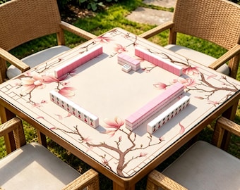 Tapete de Mahjong Pink Magnolia, Tapete Floral Antiderrapante para Jogos, Elegante Toalha de Mesa com Estampa Botânica, Tapete para Jogos de Tabuleiro em Tons Pastel Creme, Presente Ideal para Amantes de Mahjong
