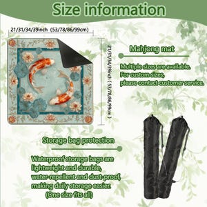 May include: Mahjong mat with koi carp design, available in multiple sizes, from 21 to 39 inches (53 to 99 cm). Includes waterproof storage bags. The mat features a teal background with floral and koi carp illustrations. Contact customer service for custom sizes.
