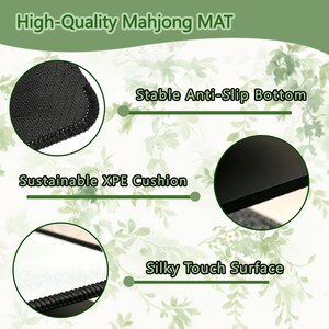 Puede incluir: Primer plano de un tapete de Mahjong negro con el texto "High-Quality Mahjong MAT". El tapete presenta una base antideslizante estable, un coj&iacute;n XPE sostenible y una superficie suave. Dise&ntilde;ado para comodidad y durabilidad.