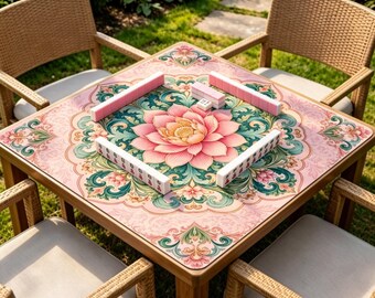 Lotus Mandala Mahjong Mat, Pink Teal Floral Table Mat, Non Slip Chinoiserie Game Mat for Mahjong