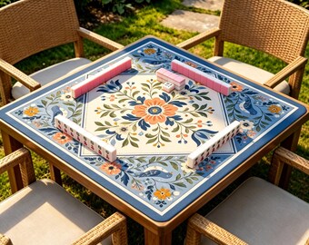 Tapete de Mahjong Floral Pássaro Azul, Tapete de Mesa Estilo Chinoiserie com Arte Popular, Tapete Antiderrapante para Jogo de Mahjong