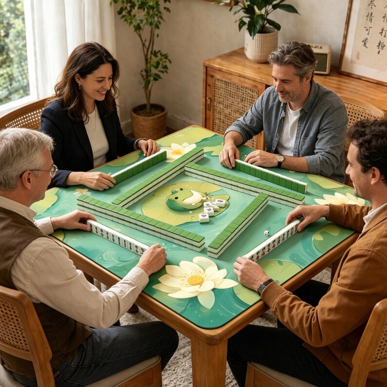Puede incluir: Cuatro personas jugando al mahjong alrededor de una mesa de madera. La mesa tiene una superficie verde con un dise&ntilde;o de flor de loto y rana. Las fichas de mahjong son verdes y blancas.