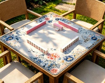Blue Floral Mahjong Mat, Chinoiserie Garden Table Mat, Non Slip Oriental Game Mat for Mahjong