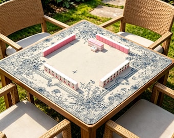 Toile Floral Mahjong Mat, Blue Vintage Table Mat, Non Slip Botanical Game Mat for Mahjong