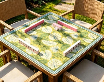 Tropical Leaf Mahjong Mat, Yellow Botanical Table Mat, Non Slip Summer Game Mat for Mahjong