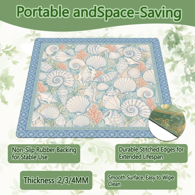 May include: A rectangular mat featuring a repeating pattern of various seashells and coral in shades of blue, white, and orange. The mat has a blue patterned border, a non-slip rubber backing, stitched edges, and a thickness of 2, 3, or 4 mm.