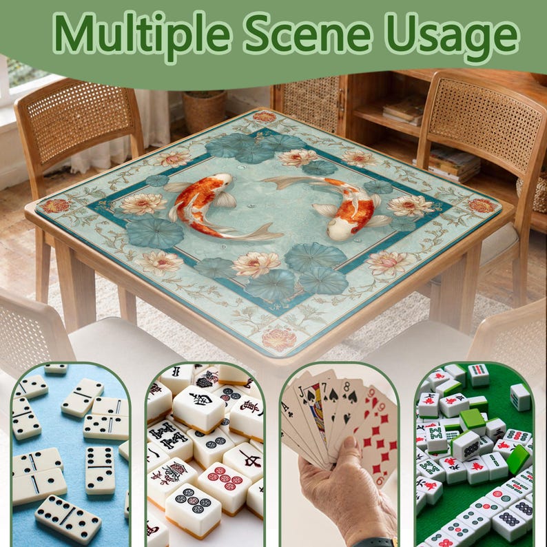 May include: Square table with a koi carp design on the tabletop. The table is surrounded by chairs. The image also shows dominoes, mahjong tiles, playing cards, and more mahjong tiles, suggesting multiple scene usage.