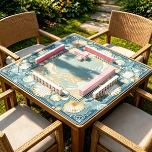 May include: A square wooden mahjong table with a blue and beige seashell design, surrounded by four wicker chairs. The table is set up with pink and white tiles, ready for a game. The scene is outdoors on a grassy lawn.
