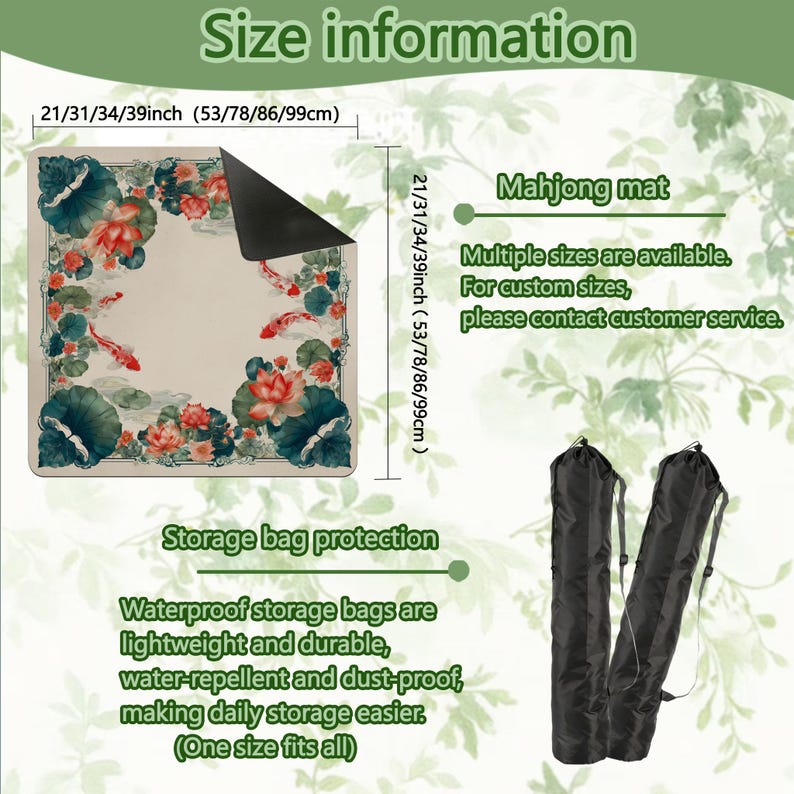 Puede incluir: Una alfombrilla de mahjong cuadrada con centro beige y borde decorado con peces koi rojos, hojas de loto verdes y flores de loto naranjas. Disponible en 53, 78, 86 y 99 cm. Se incluyen dos bolsas de almacenamiento cil&iacute;ndricas de color negro.