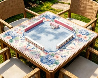 Hydrangea Floral Mahjong Mat, Blue Pink Garden Table Mat, Non Slip Preppy Game Mat for Mahjong