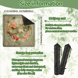 May include: A square mahjong mat featuring a koi fish and lotus flower illustration with a green border. Dimensions are 21, 31, 34, or 39 inches. Includes two black cylindrical storage bags with drawstrings for protection and transport.