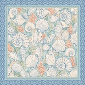 May include: A square scarf featuring a repeating pattern of various white seashells and orange coral branches on a light blue background, enclosed by a decorative border with a white geometric star pattern on a dark blue frame.