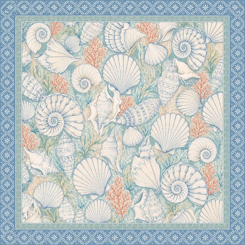 May include: A square scarf featuring a repeating pattern of various white seashells and orange coral branches on a light blue background, enclosed by a decorative border with a white geometric star pattern on a dark blue frame.