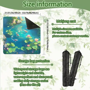 May include: A mahjong mat depicting a tranquil pond scene with koi carp, water lilies, and lotus flowers. Available in multiple sizes, including 53, 78, 86, and 99cm. Includes waterproof storage bags for easy transport and protection.