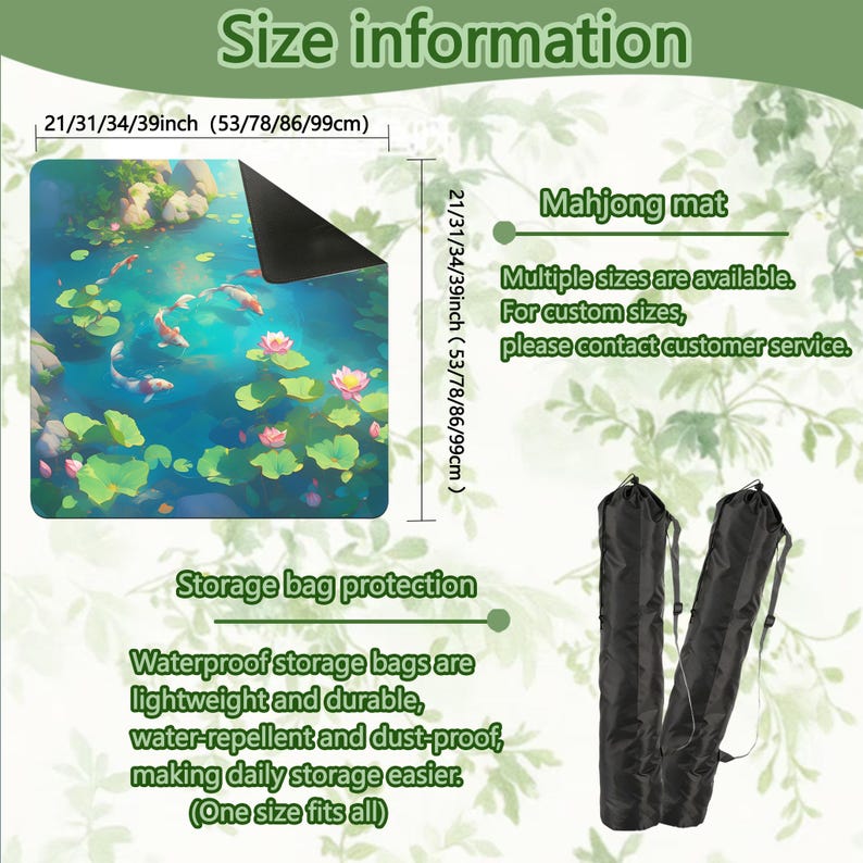 May include: A mahjong mat depicting a tranquil pond scene with koi carp, water lilies, and lotus flowers. Available in multiple sizes, including 53, 78, 86, and 99cm. Includes waterproof storage bags for easy transport and protection.