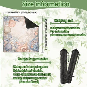 May include: A square mahjong mat featuring a seashell and coral pattern in shades of blue, peach, and white. The mat is available in sizes 21, 31, 34, and 39 inches. Two black, cylindrical, waterproof storage bags with carrying straps are included.
