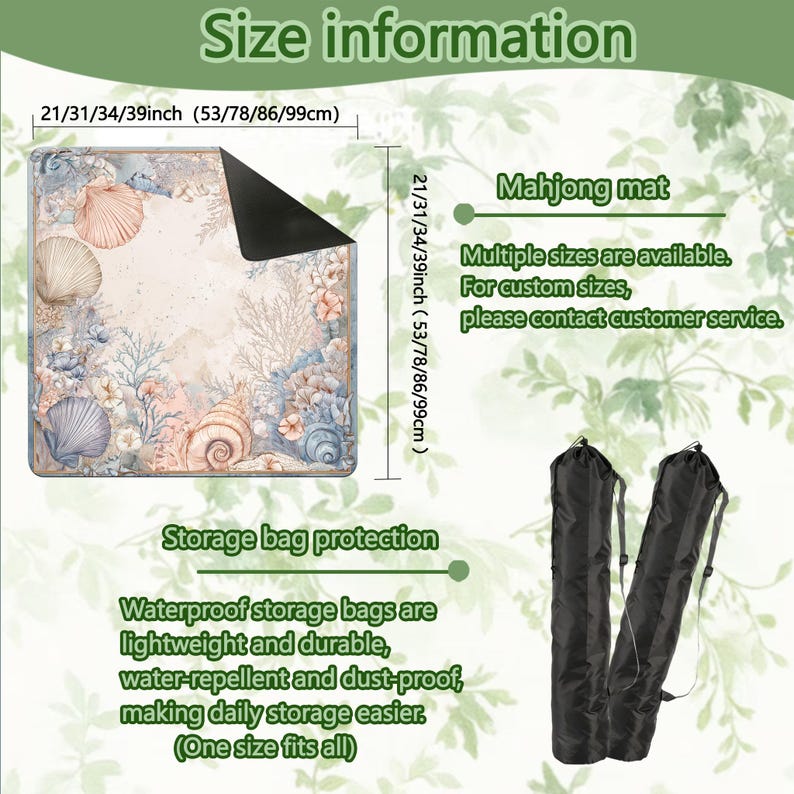 May include: A square mahjong mat featuring a seashell and coral pattern in shades of blue, peach, and white. The mat is available in sizes 21, 31, 34, and 39 inches. Two black, cylindrical, waterproof storage bags with carrying straps are included.