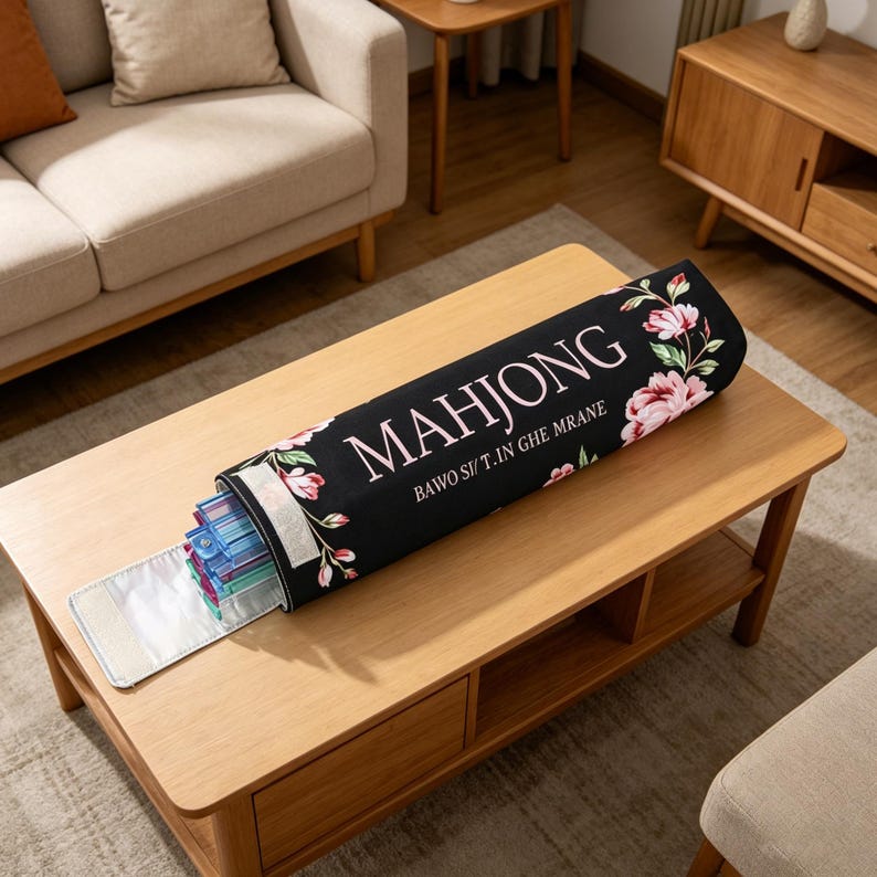 May include: A black Mahjong tile case with a floral design, open to reveal colorful tiles. The case has the word "MAHJONG" in pink letters and the text "BAWO SI/ T.IN GHE MRANE". The case is on a wooden coffee table.