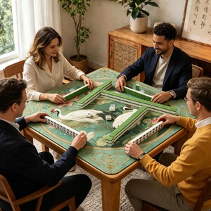 May include: A square wooden game table featuring a green felt surface with a printed illustration of white cranes and lotus flowers. The table is set with rows of green and white mahjong tiles arranged in a square formation for gameplay.