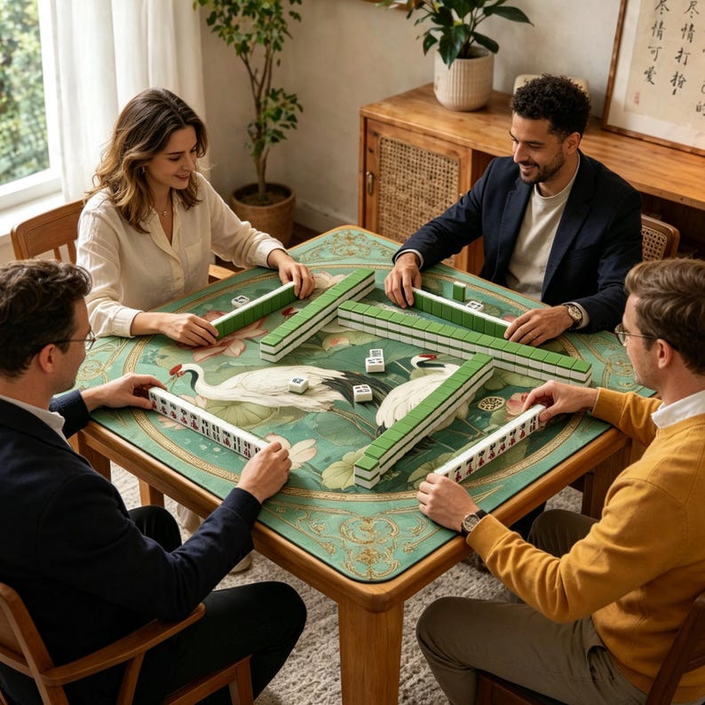 May include: A square wooden game table featuring a green felt surface with a printed illustration of white cranes and lotus flowers. The table is set with rows of green and white mahjong tiles arranged in a square formation for gameplay.