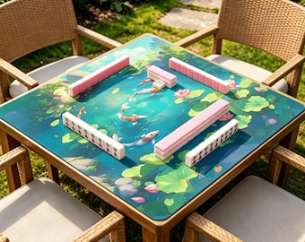 Tapete de Mahjong con diseño de estanque de carpas, tapete de mesa para juegos con diseño de flor de loto, cubierta antideslizante para mesa de Mahjong, tapete elegante para jardín acuático.
