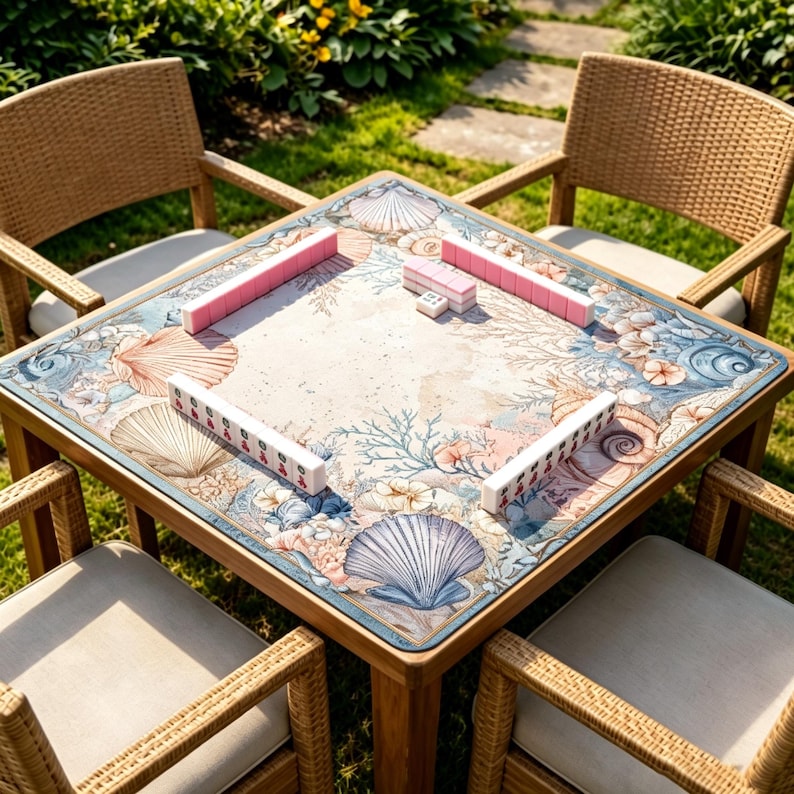 May include: A square table with a printed surface featuring a seashell and coral pattern in shades of blue, pink, and beige. Four light-colored mahjong tile racks are arranged on the table, with a small stack of tiles in the center.