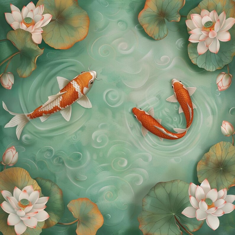 May include: An artistic depiction of a koi pond with three orange and white koi fish swimming in a turquoise pond. The pond is surrounded by lily pads and white and pink lotus flowers.
