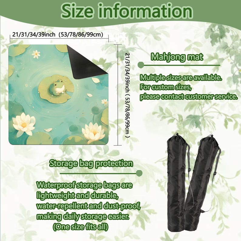 Puede incluir: Un tapete de Mahjong con un dise&ntilde;o acu&aacute;tico sereno que presenta una rana en un nen&uacute;far, nen&uacute;fares y el texto "Mahjong mat". Disponible en m&uacute;ltiples tama&ntilde;os, incluyendo 53, 78, 86 y 99 cm. Incluye bolsas de almacenamiento impermeables.