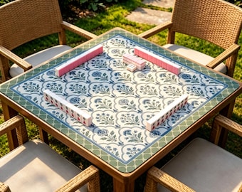 Tapete de Mahjong Floral Chinoiserie Azul, Tapete de Mesa de Mahjong Antiderrapante com Treliça Verde Sálvia, Tapete de Jogo Jacquard, Presente para Amantes de Mahjong