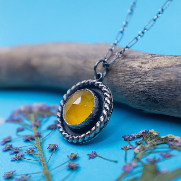 Yellow Chalcedony Sterling Silver Oxidized Pendant