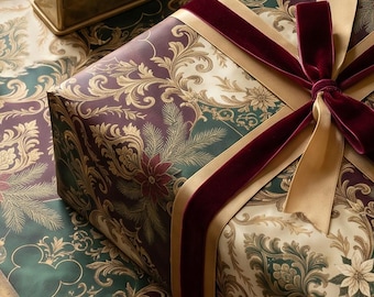 Damask Gold Scrolls, Burgundy & Emerald, Poinsettia Holly Ornaments