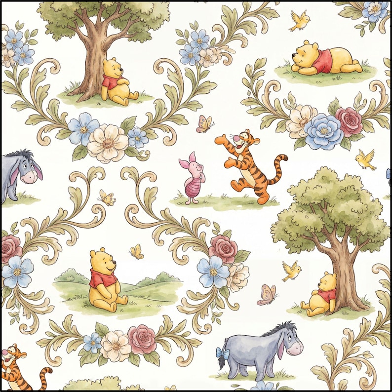Winnie the Pooh Fabric by Yard Cotton Twill | Vintage Style Bouquet Print image 4